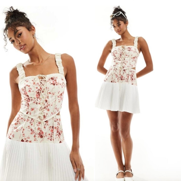 ASOS Dresses & Skirts - Asos Twill Corset Mini Dress With Lace Up & Pleated Skirt Floral Pink White 14